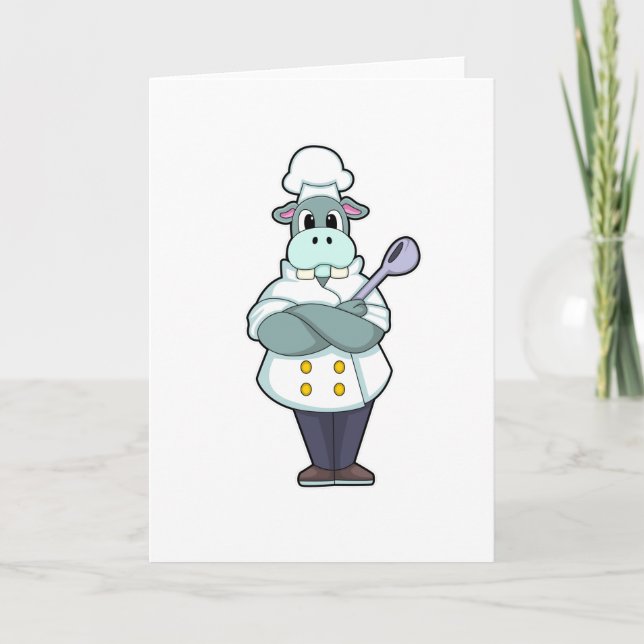 Hippo as Cook with Wooden spoon & Cooking apron Card (Front)