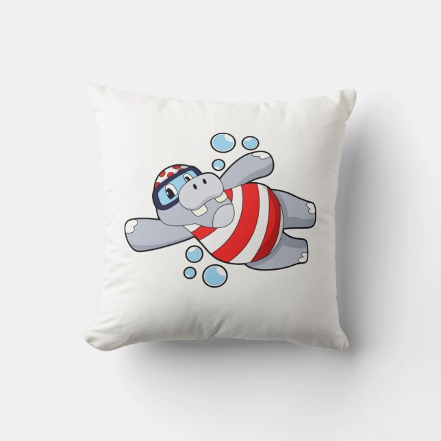 Hippo as Diver with Swimming goggles Cushion (Front)