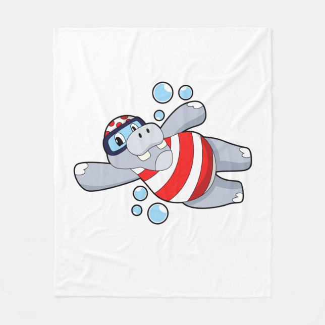 Hippo as Diver with Swimming goggles Fleece Blanket (Front)