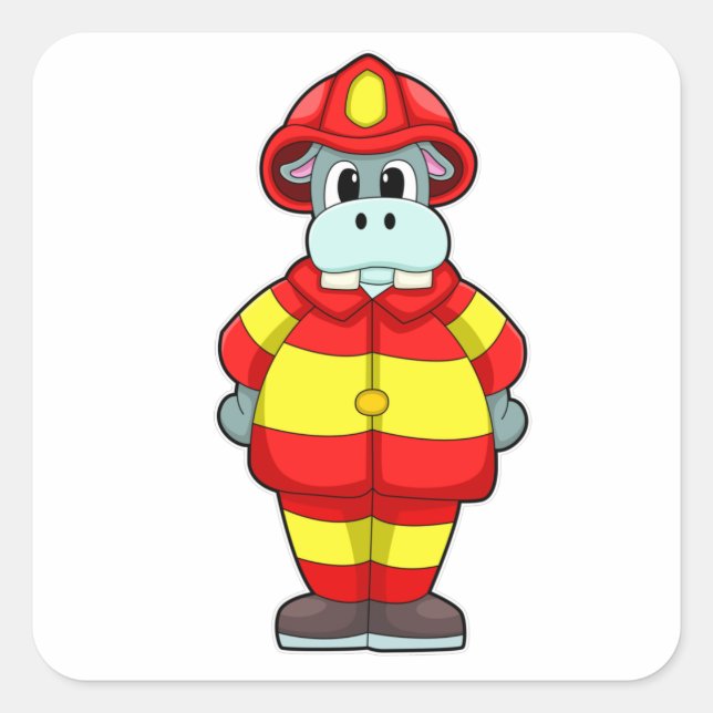 Hippo as Firefighter at Fire department with Hat Square Sticker (Front)