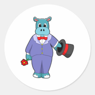 Hippo as Groom with Suit & Rose Classic Round Sticker