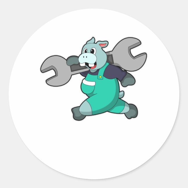 Hippo as Mechanic with Wrench Classic Round Sticker (Front)