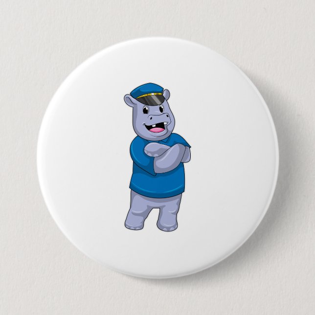 Hippo as Police officer with Police hat 7.5 Cm Round Badge (Front)