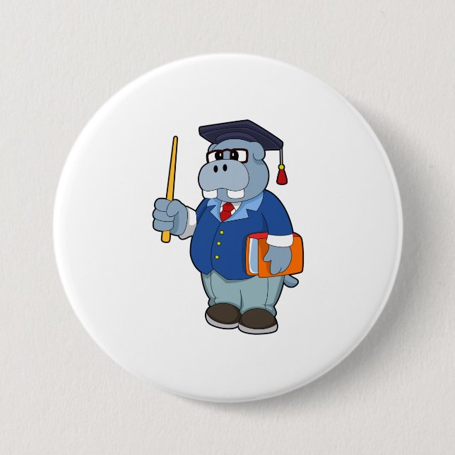 Hippo as Professor with Book 7.5 Cm Round Badge (Front)
