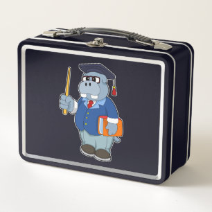 Hippo as Professor with Book Metal Lunch Box