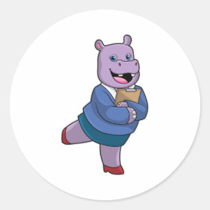 Hippo as Secretary with Notepad Classic Round Sticker