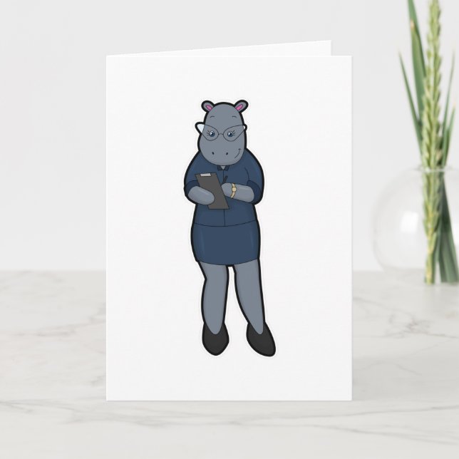 Hippo as Secretary with Notepad & Pen Card (Front)