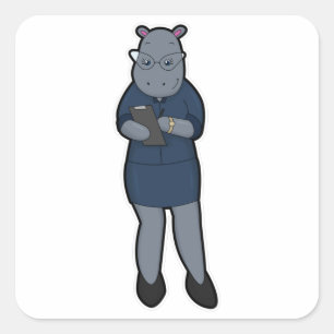 Hippo as Secretary with Notepad & Pen Square Sticker