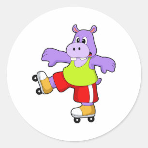 Hippo as Skater with Inline skates Classic Round Sticker