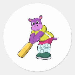Hippo at Cricket with Cricket bat Classic Round Sticker