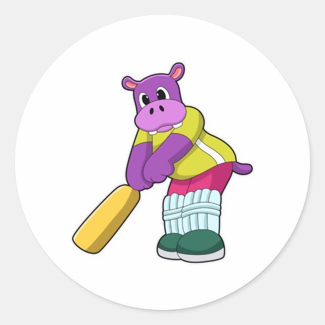 Hippo at Cricket with Cricket bat Classic Round Sticker (Front)