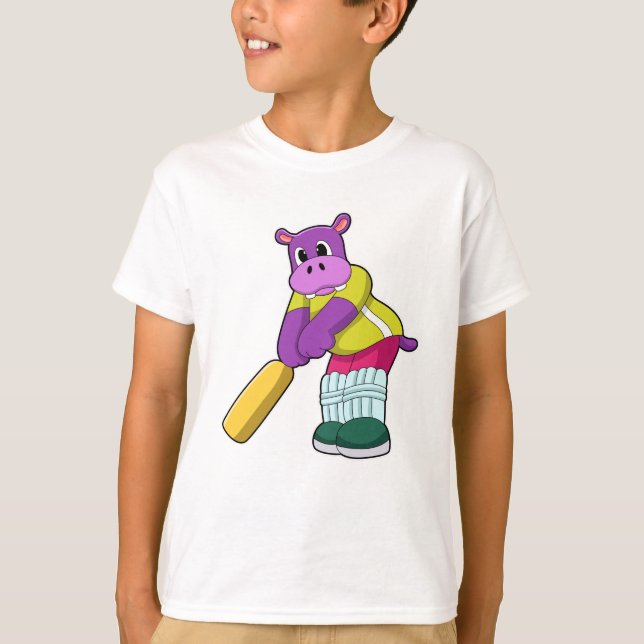 Hippo at Cricket with Cricket bat T-Shirt (Front)