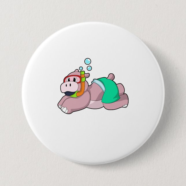 Hippo at Diving with Snorkel 7.5 Cm Round Badge (Front)
