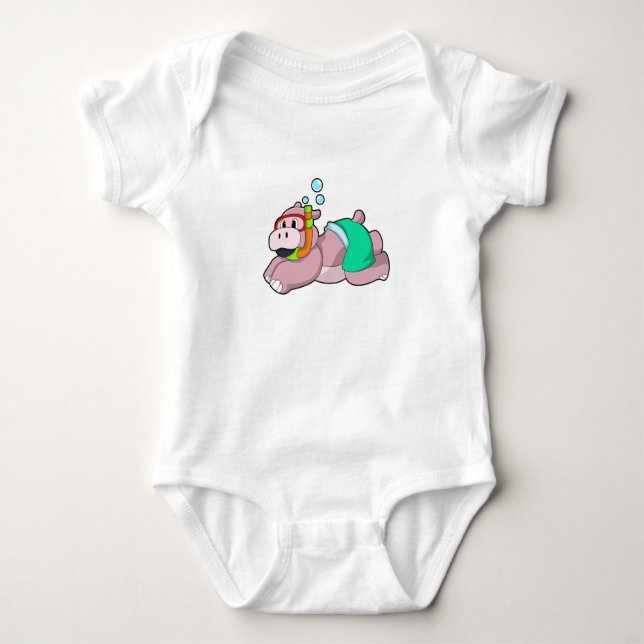 Hippo at Diving with Snorkel Baby Bodysuit (Front)