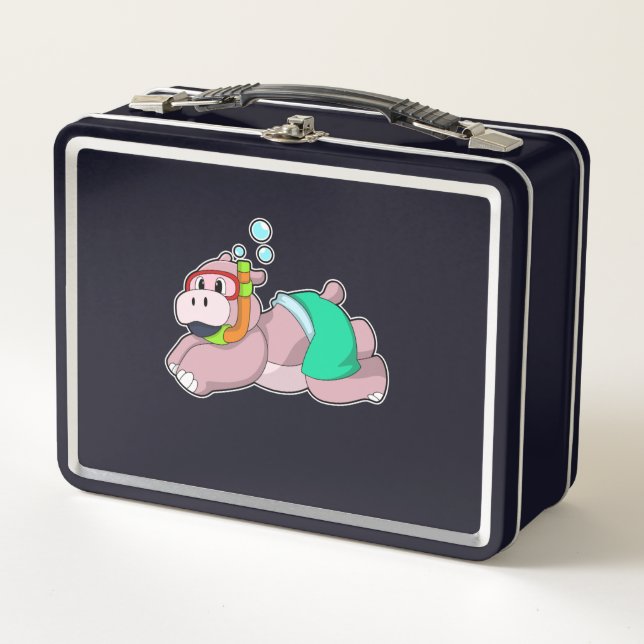 Hippo at Diving with Snorkel Metal Lunch Box (Front)