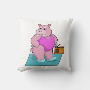 Hippo at Fitness with Radio.PNG Cushion