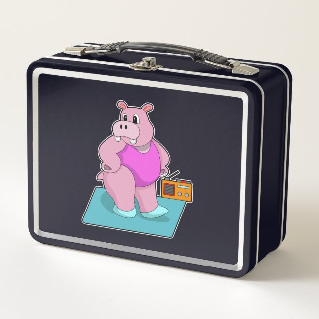 Hippo at Fitness with Radio.PNG Metal Lunch Box (Front)