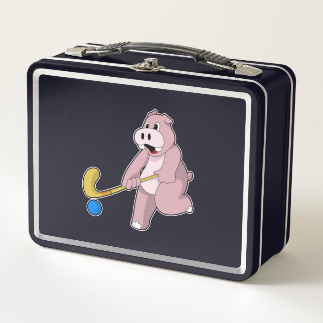 Hippo at Hockey with Hockey bat Metal Lunch Box (Front)