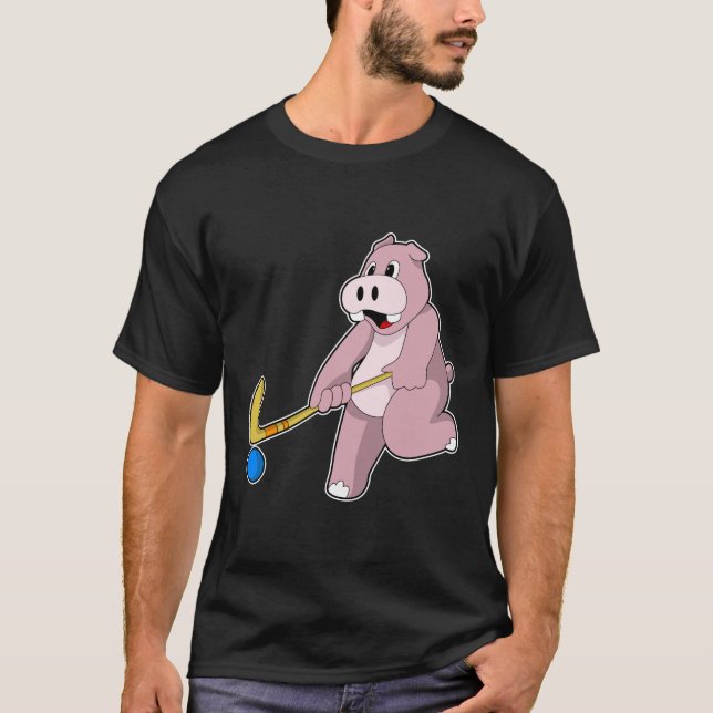 Hippo at Hockey with Hockey bat T-Shirt (Front)