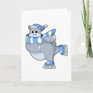 Hippo at Ice skating with Ice skates Card