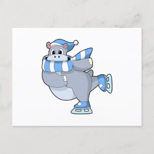 Hippo at Ice skating with Ice skates Postcard