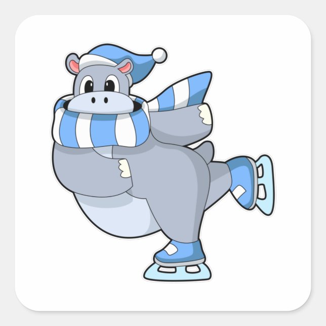 Hippo at Ice skating with Ice skates Square Sticker (Front)