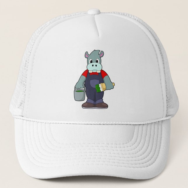 Hippo at Painting with Bucket of Paint & Brush Trucker Hat (Front)