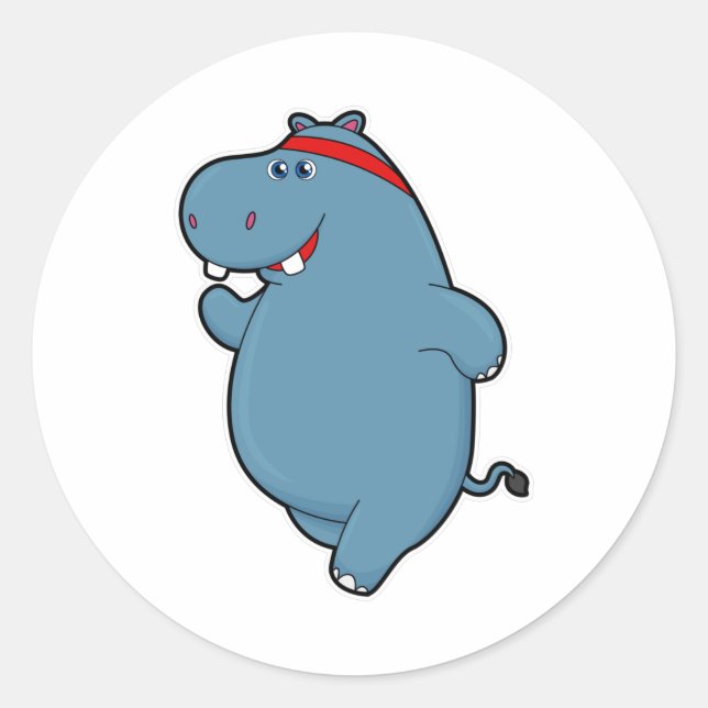 Hippo at Running with Headband Classic Round Sticker (Front)