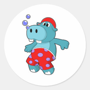 Hippo at Swimming with Swimming trunks Classic Round Sticker
