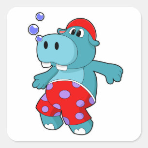 Hippo at Swimming with Swimming trunks Square Sticker
