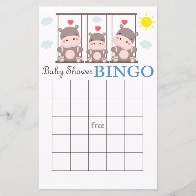 Hippo baby shower bingo card (Front)