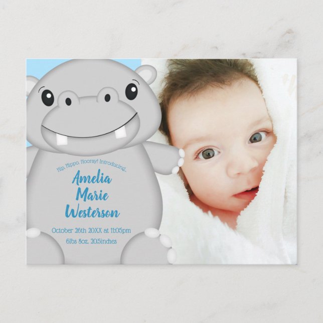 Hippo Baby Shower Blue Postcard (Front)