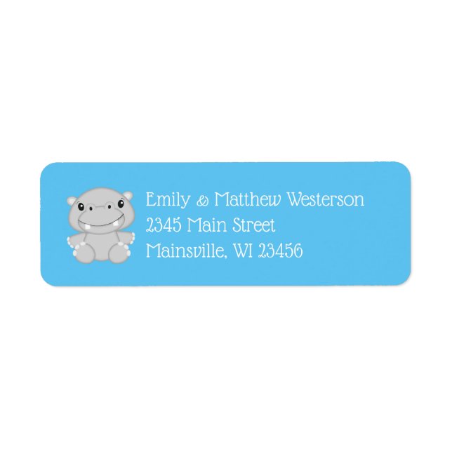 Hippo Baby Shower Blue Return Address Label (Front)