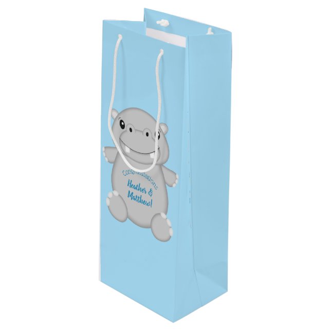 Hippo Baby Shower Blue Wine Gift Bag (Front Angled)