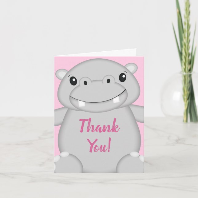 Hippo Baby Shower Pink Thank You Card (Front)