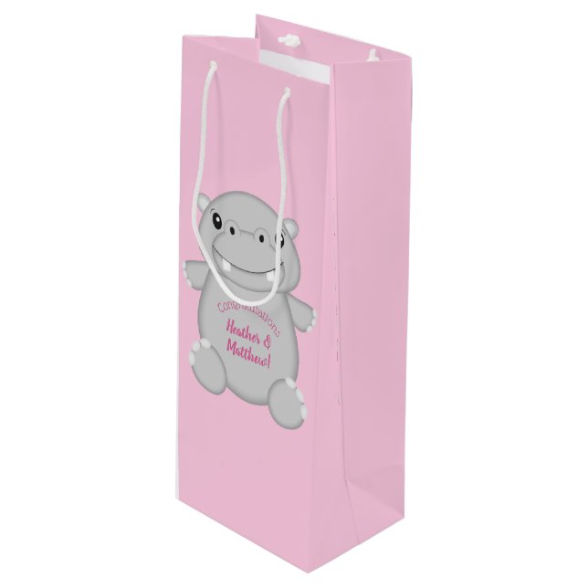 Hippo Baby Shower Pink Wine Gift Bag (Front Angled)