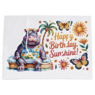 Hippo  Birthday at the beach Sunny Day  Large Gift Bag