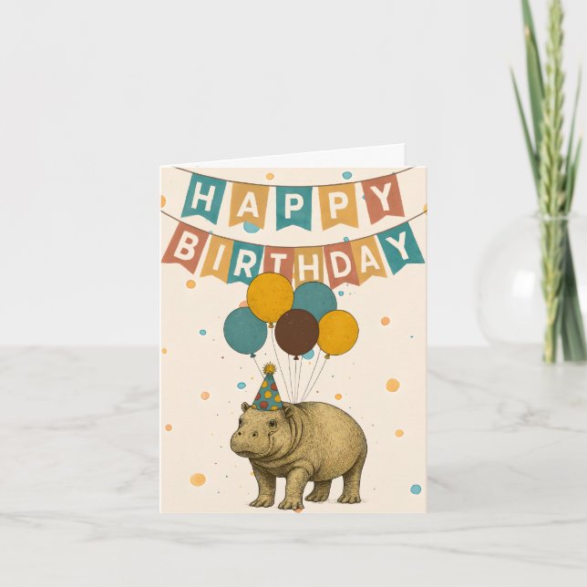 Hippo Birthday Card – Cute Animal with Balloons (Front)