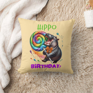 Hippo Birthday Cheerful, Colorful Candy Swirl Cushion