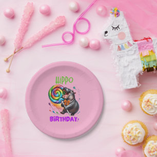 Hippo Birthday Cheerful, Colorful Candy Swirl Paper Plate