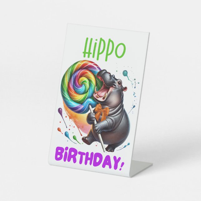 Hippo Birthday Cheerful, Colorful Candy Swirl | Pedestal Sign (Front)