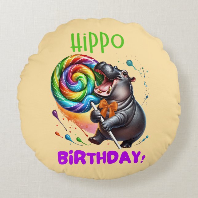 Hippo Birthday Cheerful, Colorful Candy Swirl | Round Cushion (Front)