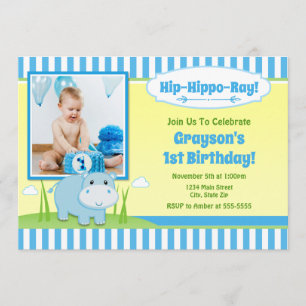 Hippo Birthday Invitation, Blue Hippo Boy Invitation