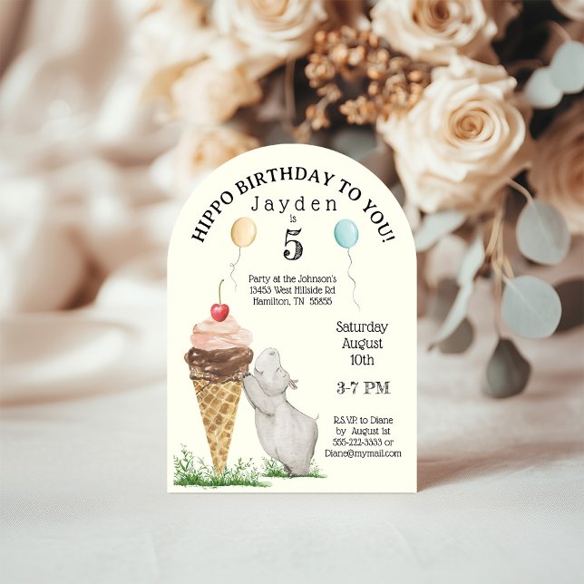 Hippo Birthday Party Invitation (Hippo and ice cream cone arched birthday invitation for boys or girls)