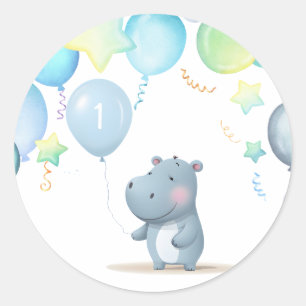 Hippo Birthday soft blue Classic Round Sticker