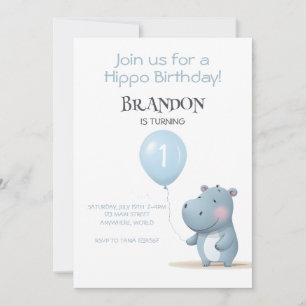 Hippo Birthday soft blue simple invitation