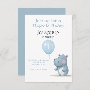 Hippo Birthday soft blue simple invitation