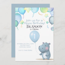 Hippo Birthday soft blue simple invitation