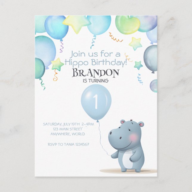 Hippo Birthday soft blue simple invitation Postcard (Front)