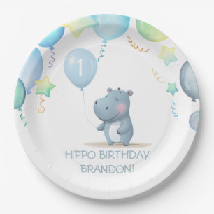 Hippo Birthday soft blue simple paper plate